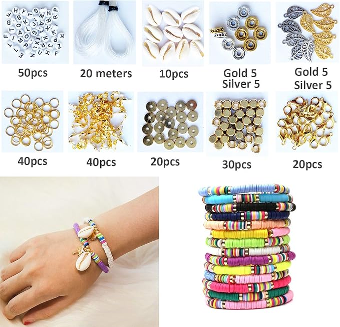 7800 Pcs Clay Beads for Bracelet Making，24 Colors Flat Round Polymer Clay Bead 6mm Spacer Heishi Beads with Pendant and Jump Rings Letter Bead for Bracelets Necklace Earring DIY Craft