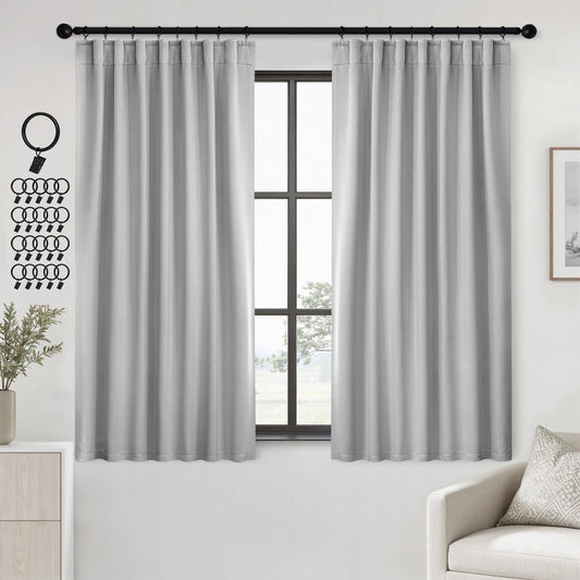 ANRODUO Back Tab Blackout Curtains for Bedroom Living Room, Rod Pocket Pinch Pleated Thermal Insulated Room Darkening Curtains 63 Inches Long 2 Panels, Light Grey, 42 x 63 Inch