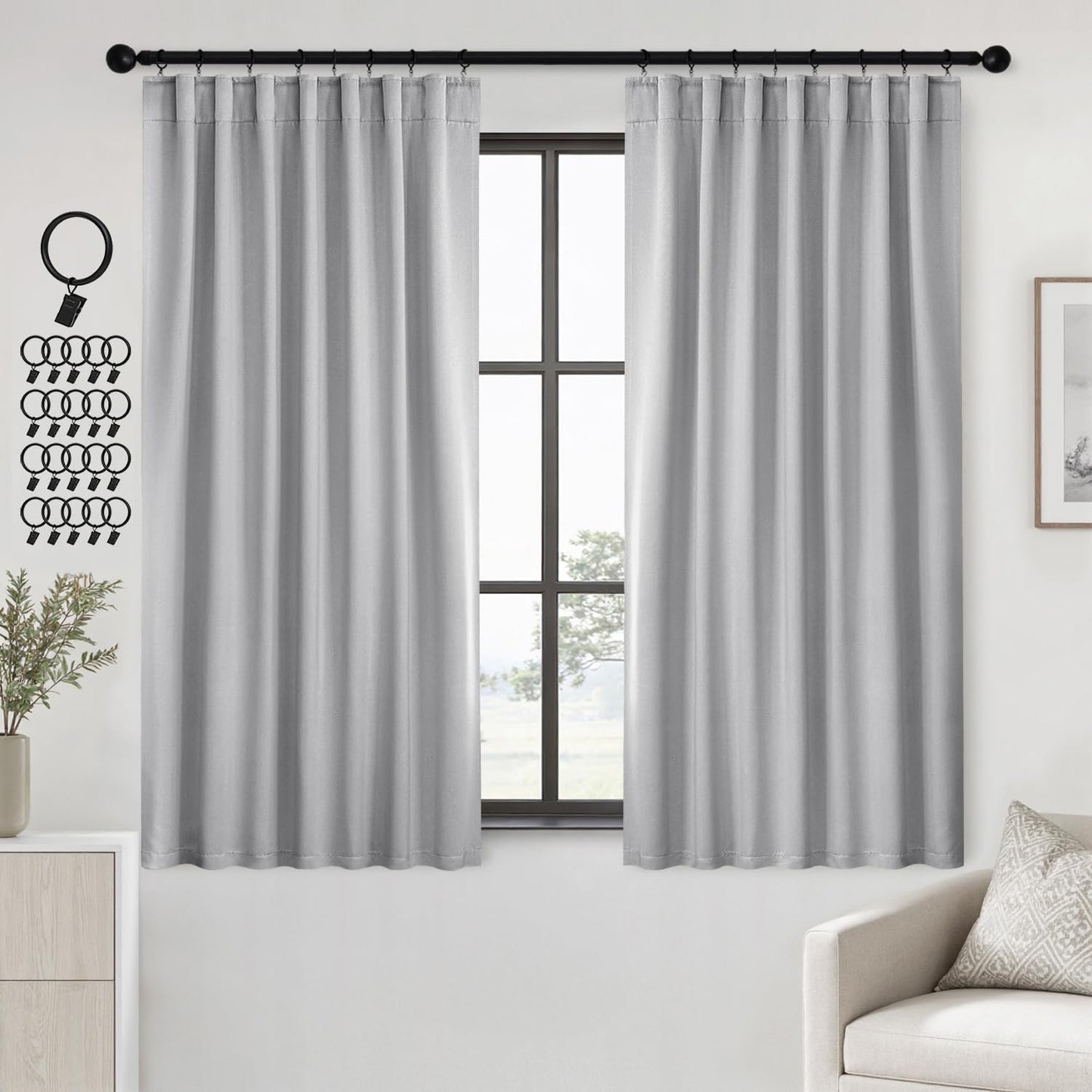 ANRODUO Back Tab Blackout Curtains for Bedroom Living Room, Rod Pocket Pinch Pleated Thermal Insulated Room Darkening Curtains 54 Inches Long 2 Panels, Light Grey, 42 x 54 Inch