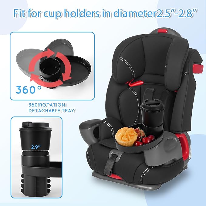 Car Seat Tray - Easily Expands Snack Tray Cup Holder Tray into 360° Cup & Travel Tray for Kids Car Seat, Booster, and Stroller (Black)