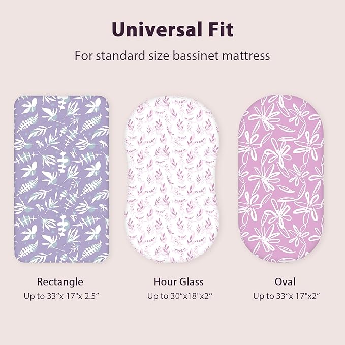 Baby Bassinet Sheets Girl Boy, Fitted Bassinet Sheet Set 3 Pack Bassinet Mattress Sheets Universal Fit for Rectangle, Round, Oval, Hourglass Mattress, Soft Breathable Purple Leaf