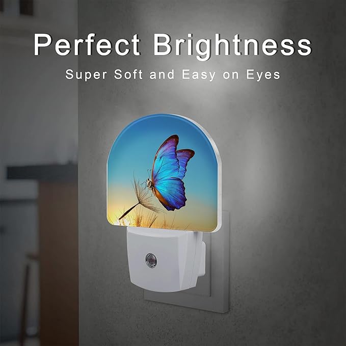 Blue Butterfly and Dandelion Night Light Plug into Wall, Butterfly in The Sunset Dusk to Dawn Night Light,0.5w Energy Saving Sleep Friendly Nightlights for Kids Boys Girls Home Decor