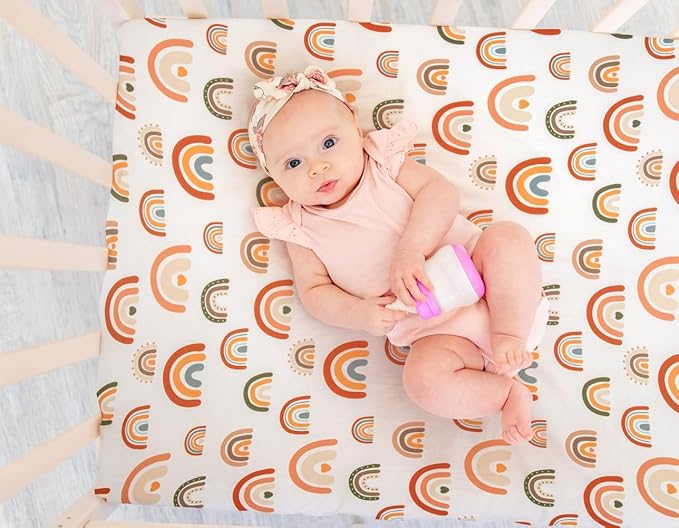 4 Pack Crib Sheets Boho Nursery Sheets Sunshine and Rainbow Desdign Neutral Unisex Fitted Baby Standard Crib Sheets for Baby Boys or Girls (Crib Sheets)