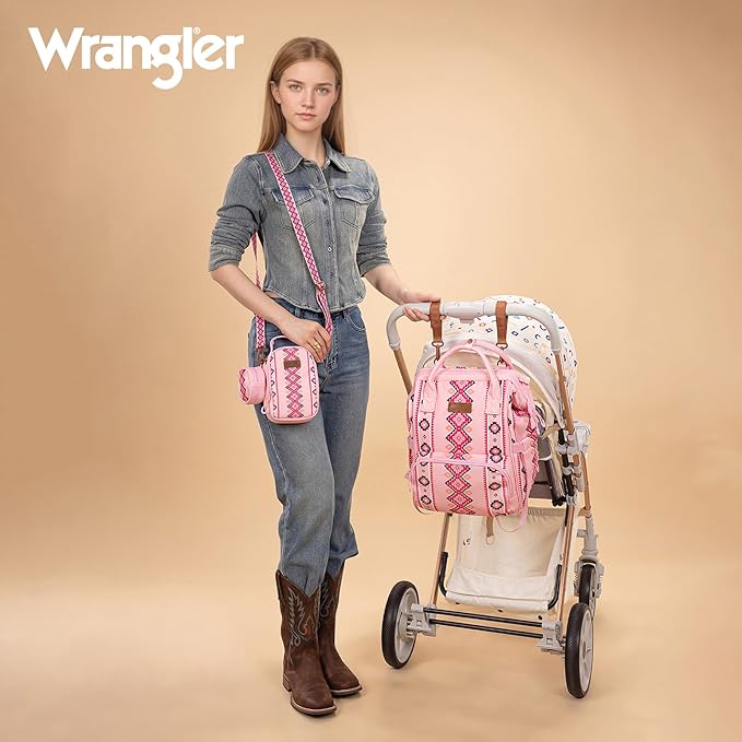 Montana West Wrangler Callie Diaper Bag Backpack with Pacifier Case, Crossbody Bottle Bag and Stroller Straps Western Pattern Multifunction Baby Travel Bag Set WG2215-9110PK