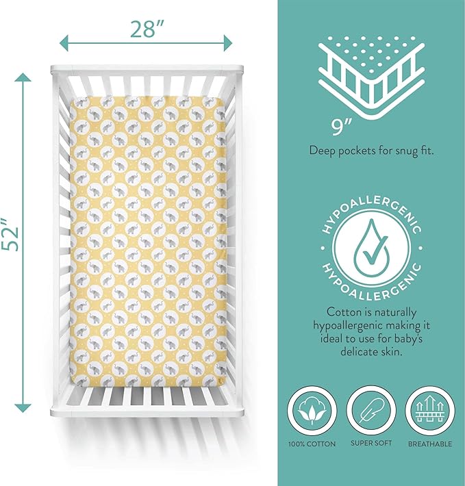 Featherhead™ 2-Pack Fitted Crib Sheets - 100% Cotton - 52" x 28" x 9" for Standard Crib and Toddler Mattress (Jersey Elephant)