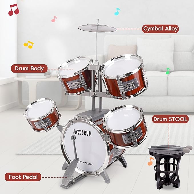 Toy Drum Set for Kids Ages 3-5 Toddler Jazz Drum Kit with 5 Drums Musical Instruments Toys for 3 4 5 Year Old Boys Girls Gifts
