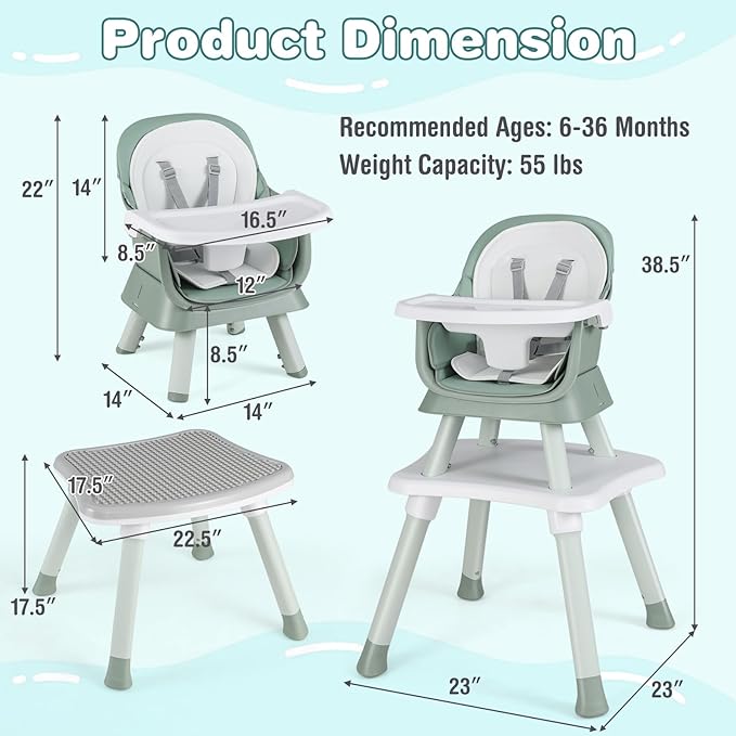 KOTEK Baby High Chair, 8 in 1 Convertible Highchairs for Babies and Toddlers, Building Block Table, Booster Seat, Toddler Chair with Removable Tray, Safety Harness, Dual Cushions (Green)
