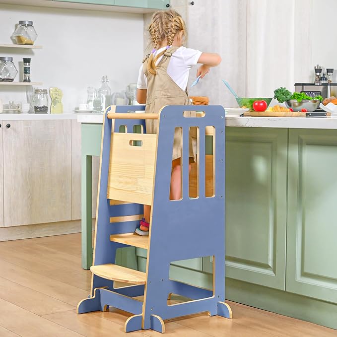 WINGYZ Toddler Kitchen Stool – Adjustable Helper Tower for Kids with Safety Rail, Wooden Standing Step-Up Stool, Sliding Door & Stable Base, Light Blue