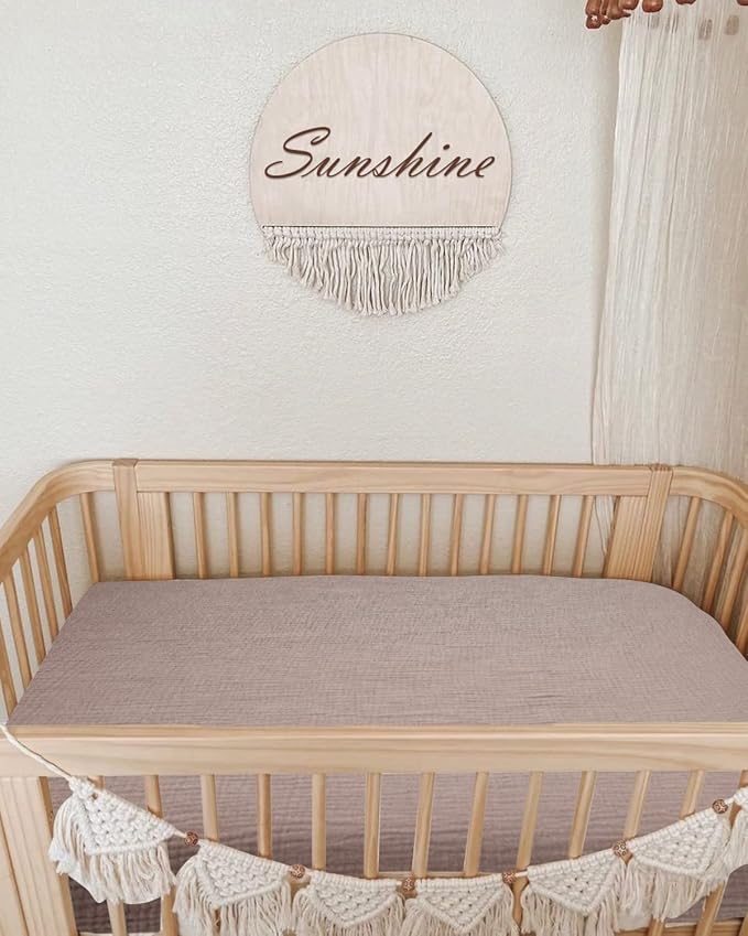 Mini Crib Sheets for Baby, Fitted Pack N Play Mattress and Mini Cribs 24" x 38", Neutral Muslin Cotton Mini Crib Mattress Sheet with Boho Style, Soft and Breathable Comfort (Vintage Taupe)