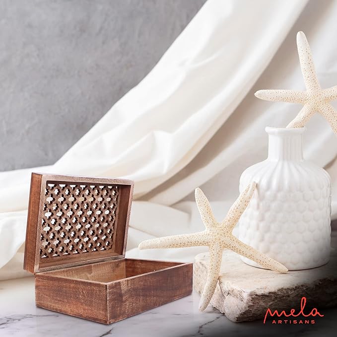 Mela Artisans Wooden Keepsake Box | Medium Polish Mango Wood Memory & Photo Storage Box with Hinged Lid | Decorative Storage Box | Large | 9x6x3.5 Inch