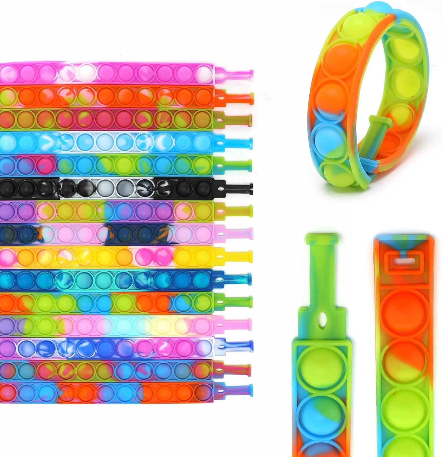 30 pcs Pop Fidget Toy Fidget Bracelet, Durable and Adjustable, Multicolor Stress Relief Finger Press Bracelet Wristband for Kids and Adults ADHD ADD Autism Anxiety (30pc)