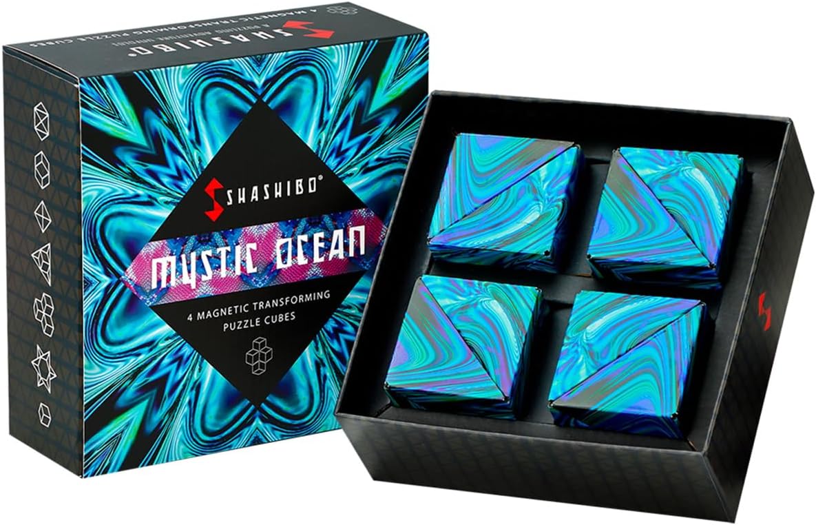 Shashibo Shape Shifting Box - Award-Winning, Patented Fidget Cube w/ 36 Rare Earth Magnets - Transforms Into Over 70 Shapes, Gift Box, Download Fun in Motion Toys Mobile App (Mystic Ocean, 4 Pack)