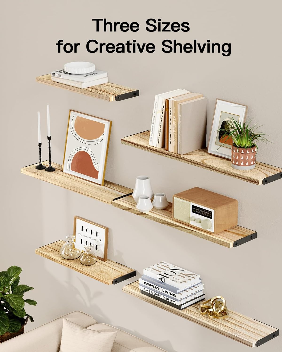 AMADA HOMEFURNISHING Long Wall Shelves, Rustic Farmhouse Style, Wood Floating Shelves for Wall Decor, Bathroom & Bedroom Storage, Living Room Book Shelves, 6pcs