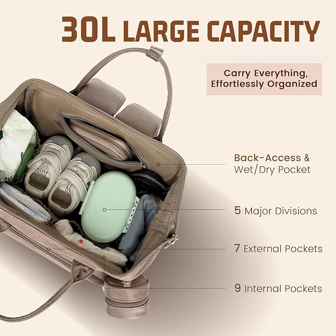 Premium Vegan Leather Diaper Bag Backpack with Waterproof Changing Pad – Reinforced Stitching & Zippers, Baby Bag for Boy Girl, Stroller Straps, Ergonomic Design for Traveling Moms, Taupe