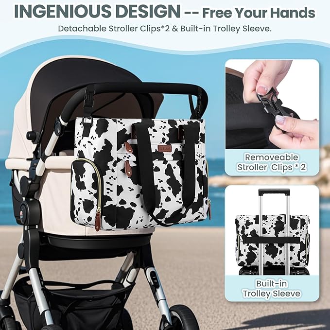 Diaper Bag Tote for Working Mom, Large Travel Diaper Tote for Mom and Dad with 14 Inch Laptop Sleeve, Mommy Maternity Travel Baby Bag for Boys and Girls, Cowprint