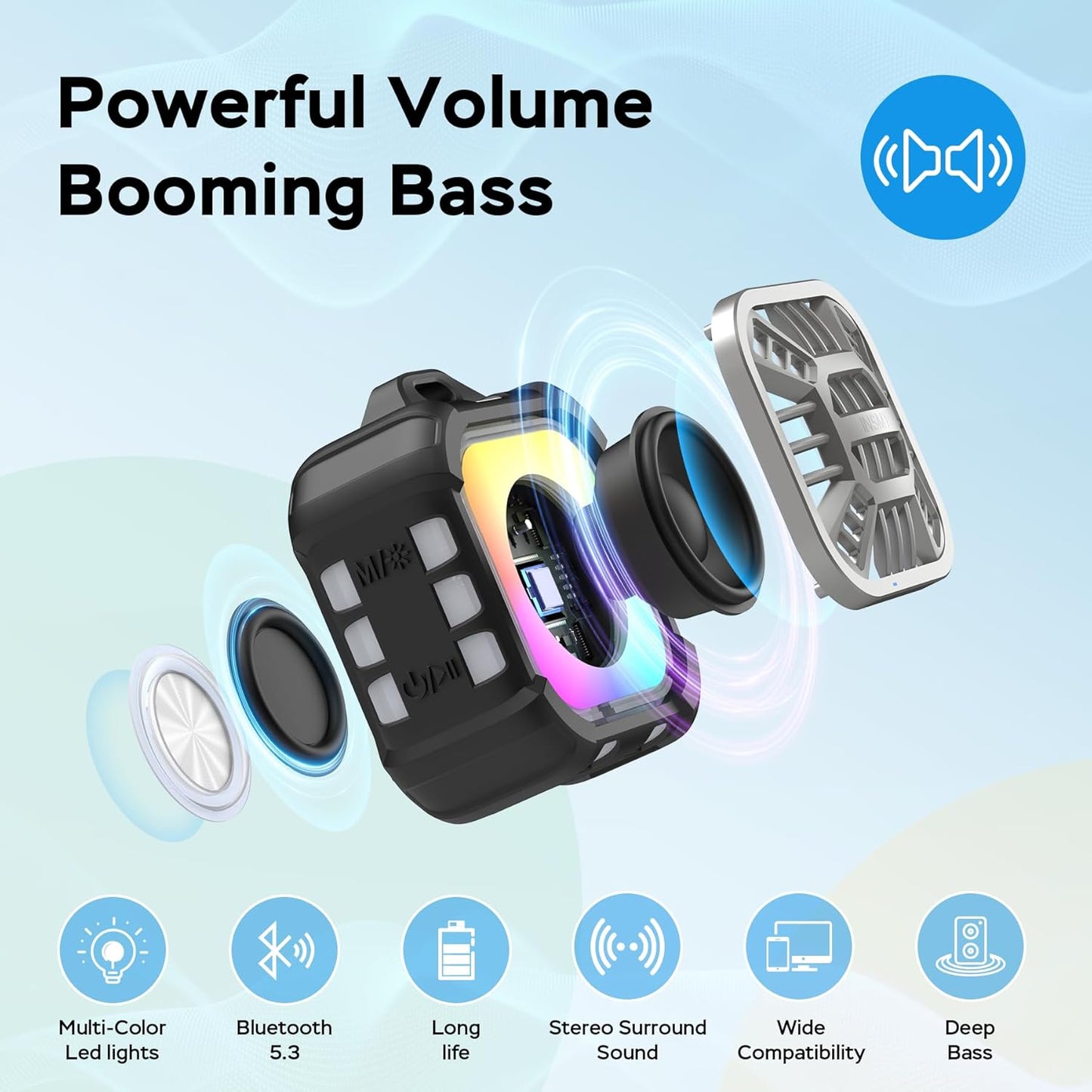 INSMY IP67 Waterproof Bluetooth Speaker, Shower Speaker Portable Small Clip-on, Multi Sync 100+ Speakers, Big Volume Booming Bass, 24H Playtime/Floatable/RGB Lights for Outdoor/Kayak/Beach (Black)