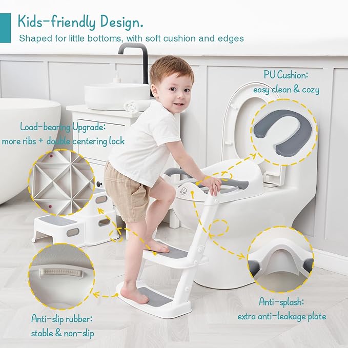 Forbena Potty Training Toilet Seat with Step Stool Ladder, Toddler Kids Potty Seat for Boys Girls, Non Slip Foldable Toilet Training Seat with Soft Cushion, Comfortable Handles (White-Grey)
