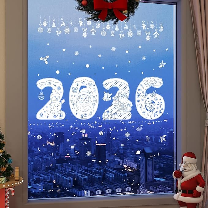 Christmas 2026 Cute Number Window Clings for Glass Windows,5 Sheets Static Christmas Window Decorations Xmas Holiday White Snowman Santa Window Stickers Decals for Party Home Winter Indoor Decor