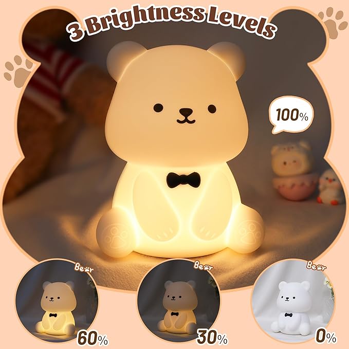 Attivolife Teddy Bear Night Light for Kids, Baby Nursery Beside Silicone Lamp, Protable USB Rechargeable Kids' Bedroom Nightlight with 8 Color Lights, Birthday Christmas Gifts for Girl Boy Children