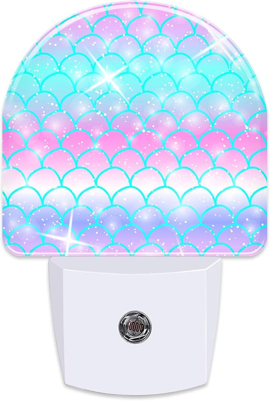 Rainbow Glitter Mermaid Scales Night Light Plug into Wall,Watercolor Pink Purple Teal Fish Scale Dusk to Dawn Night Light,0.5w Energy Saving Nightlights for Kids Boys Girls Home Decor