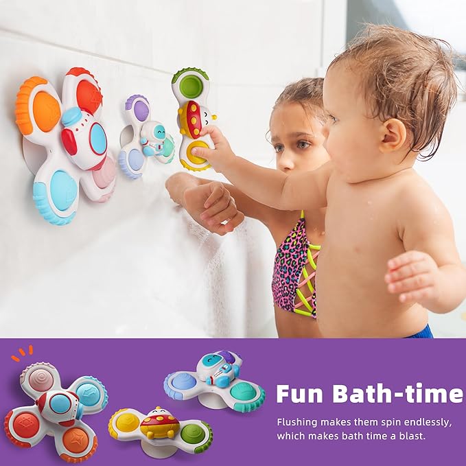 LiKee Strong Suction Cup Fidget Rotating Sensory Bath Toys for Baby 12 18 Months Airplane Car Travel Table & Window Toys for 1 2 Years Old Toddler Boys and Girls (Space-1)