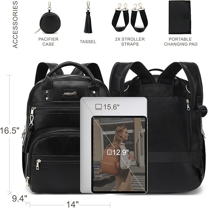 Premium Vegan Leather Diaper Bag Backpack with Waterproof Changing Pad, Reinforced Zippers & Odor-Free, 20 Pockets Pro Organizer, Fits 15.6" Laptop, Stroller Straps, Baby Bag for Mom, Black