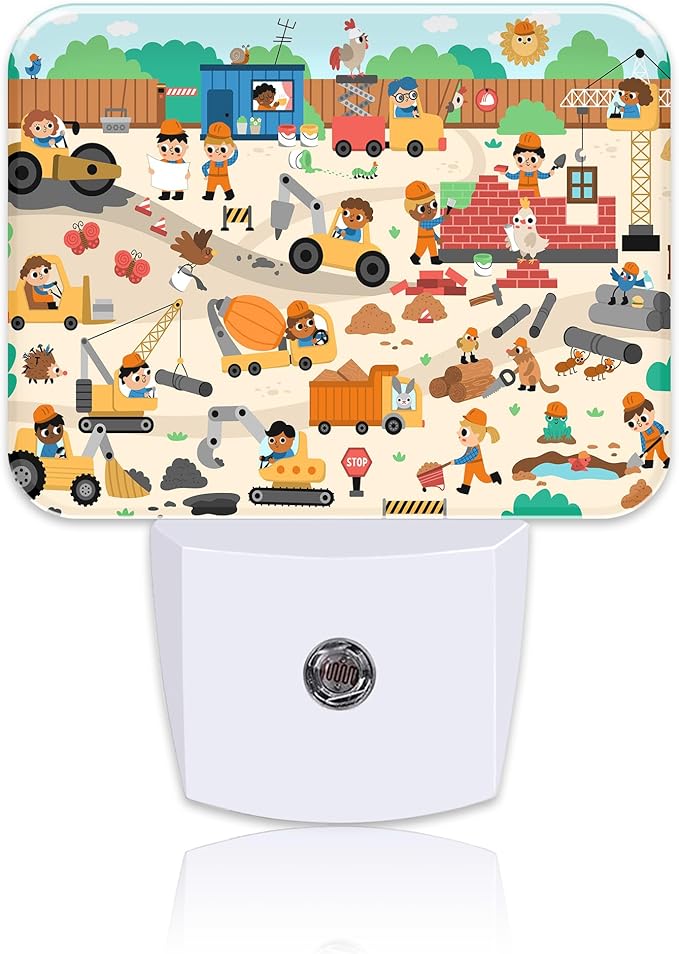 Cartoon Construction Site Scene Night Light for Kids Girls Boys, Funny Kid Builders LED Night Light Plug into Wall with Dusk to Dawn Sensor for Bedroom,Hallway,Kitchen,Bathroom,Stairs Decor