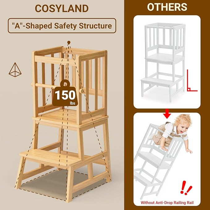 COSYLAND Kitchen Step Stool for Toddlers – Stable A-Frame Design Kids Standing Tower with Protective Crossbar – Wooden Learning Stool for Kitchen Island Counter, Bathroom (Natural)