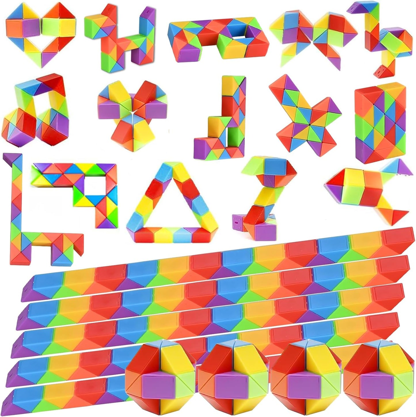 24 Pack Mini Fidget Snake Cube Puzzle Toys - Party Favors & Goodie Bag Fillers for Kids & Teens - Rainbow Colors - Bulk Birthday & Back to School Gifts - Stocking Stuffers