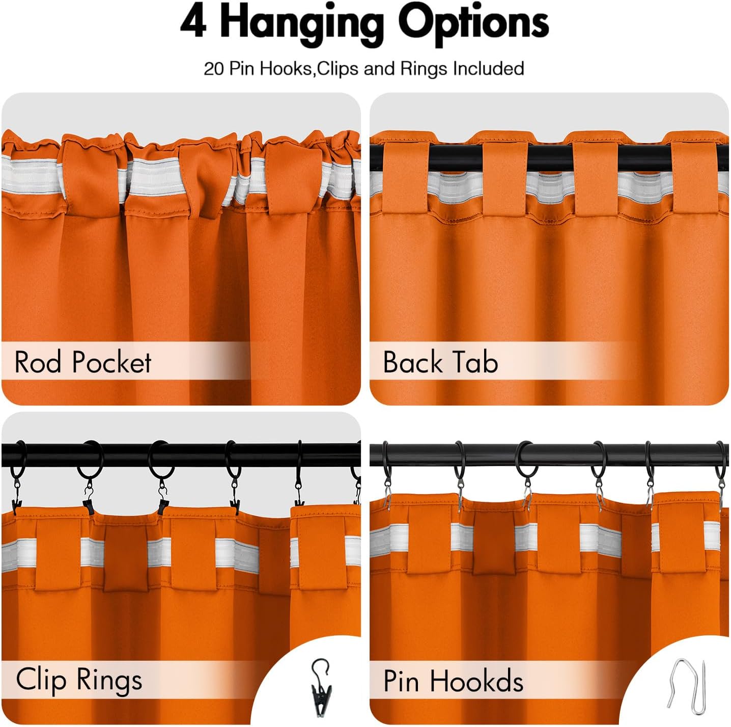 ANRODUO Back Tab Blackout Curtains for Bedroom Living Room, Rod Pocket Pinch Pleated Thermal Insulated Room Darkening Curtains 63 Inches Long 2 Panels, Orange, 42 x 63 Inch