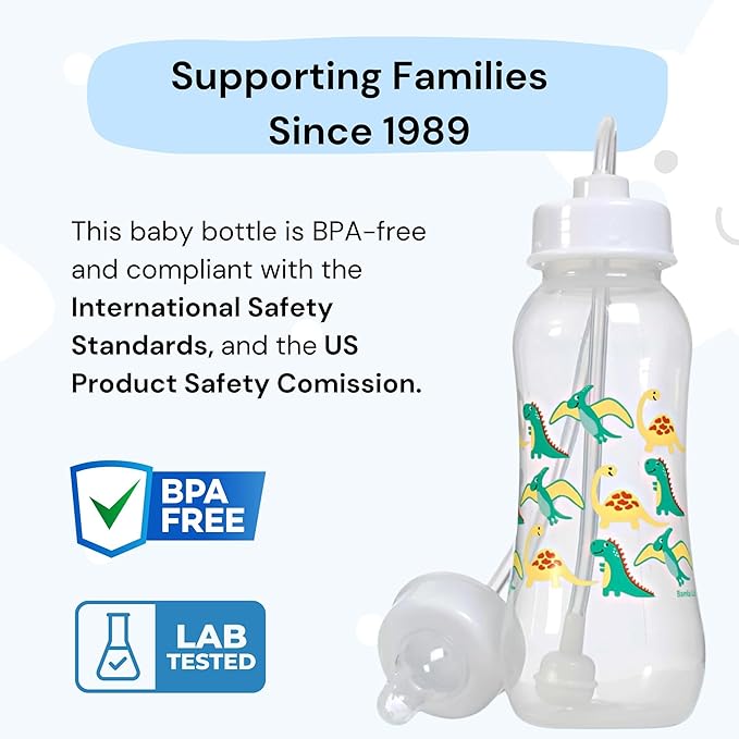 Hands-Free Baby Bottle - Anti-Colic Nursing System 9 oz Baby Bottle with Fast Flow Nipple/Teat 3m+ Infant with Tube Straw Feeding System for Toddler (1 Bottle - Dinosaur)