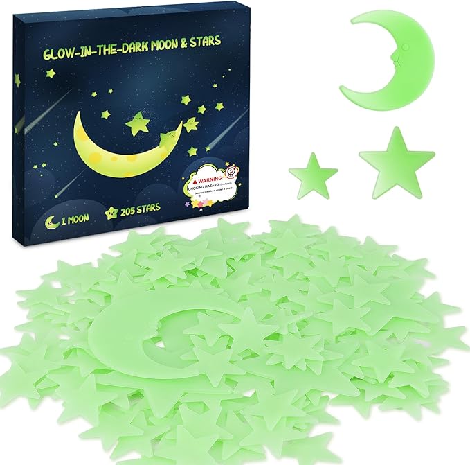 Glow in The Dark Stars for Ceiling - 205PCS Stars & 1 Moon for Kids Bedroom, Baby Room Nursery - Safe, Removable & Reusable
