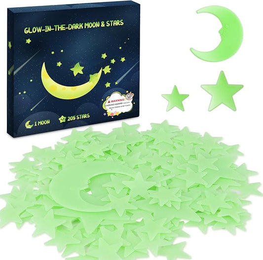 Glow in The Dark Stars for Ceiling - 205PCS Stars & 1 Moon for Kids Bedroom, Baby Room Nursery - Safe, Removable & Reusable