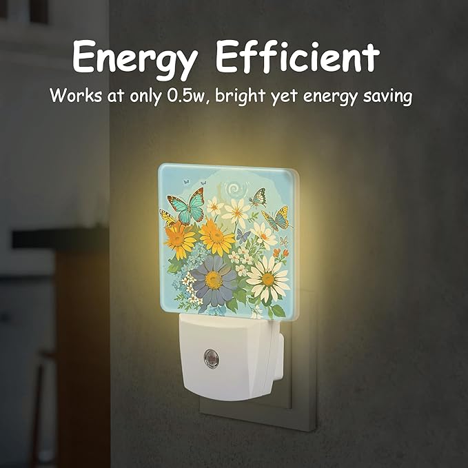 Blue White Yellow Flowers Night Light,Flutter Butterflies Plug-in Night Light Auto Dusk-to-Dawn Sensor Energy Efficient LED Lamp for Room Decor,Hallway,Kitchen,Bathroom,Nursery,Stairs