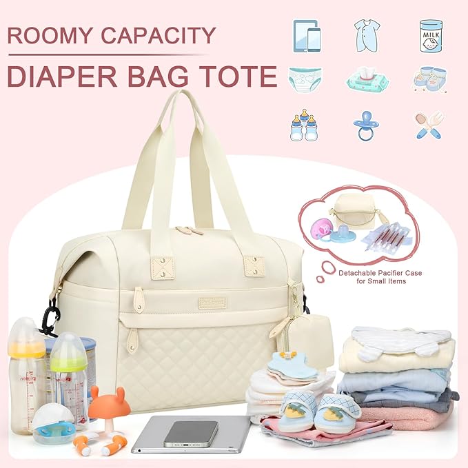 Diaper Tote, Baby Bags with Pacifier Case, Shoulder Straps, Stroller Clips, Waterproof Mommy Bag - Medium, White