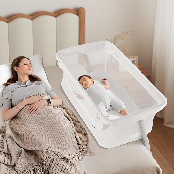 Cowiewie Bassinet Bedside Sleeper,Baby Bassinets Higher Place on Bed,5-Position Adjustment Baby Crib,Breathable 360° Mesh Sides Bedside Bassinet,Space-Saving Bedside Cribs, Height(37.4-41.3") (White)