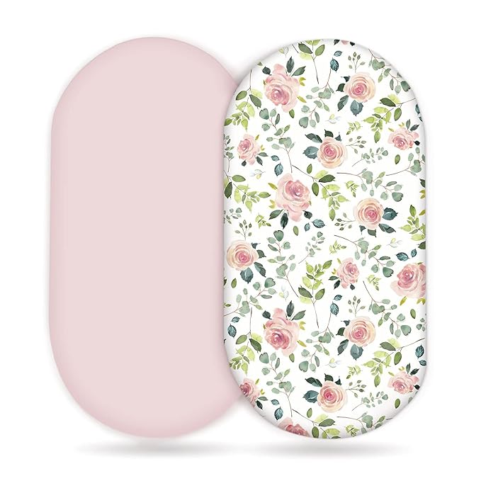 GRSSDER Stretchy Ultra Soft Baby Fitted Bassinet Sheet Set 2 Pack, Universal Cradle for Rectangle, Oval, or Hourglass Pad/Mattress, Pink Rose Sheets Girls