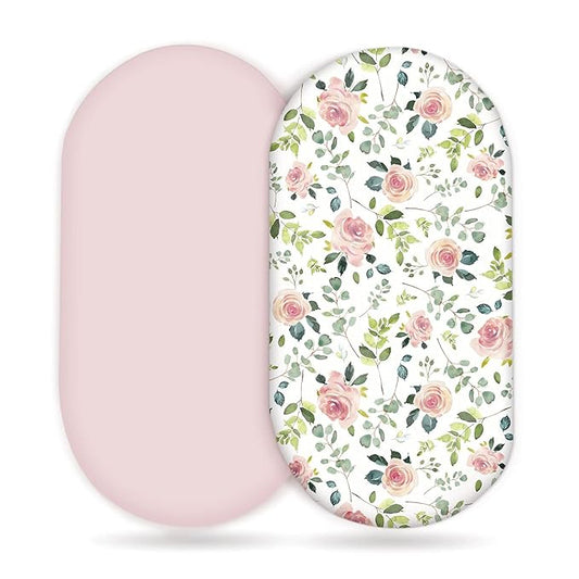 GRSSDER Stretchy Ultra Soft Baby Fitted Bassinet Sheet Set 2 Pack, Universal Cradle for Rectangle, Oval, or Hourglass Pad/Mattress, Pink Rose Sheets Girls