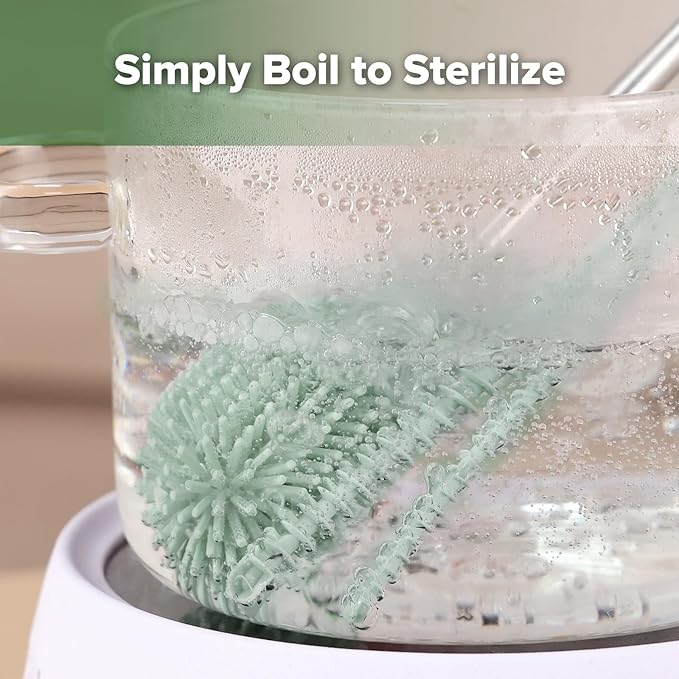 haakaa Silicone Cleaning Brush Kit - Baby Bottle Brush Cleaner for Breast Pump,Nipple,Breast Milk Storage Bag,Reusable Straw,Sippy Cup - Food Grade Silicone Bristles, Portable - 3 Pcs - Pea Green