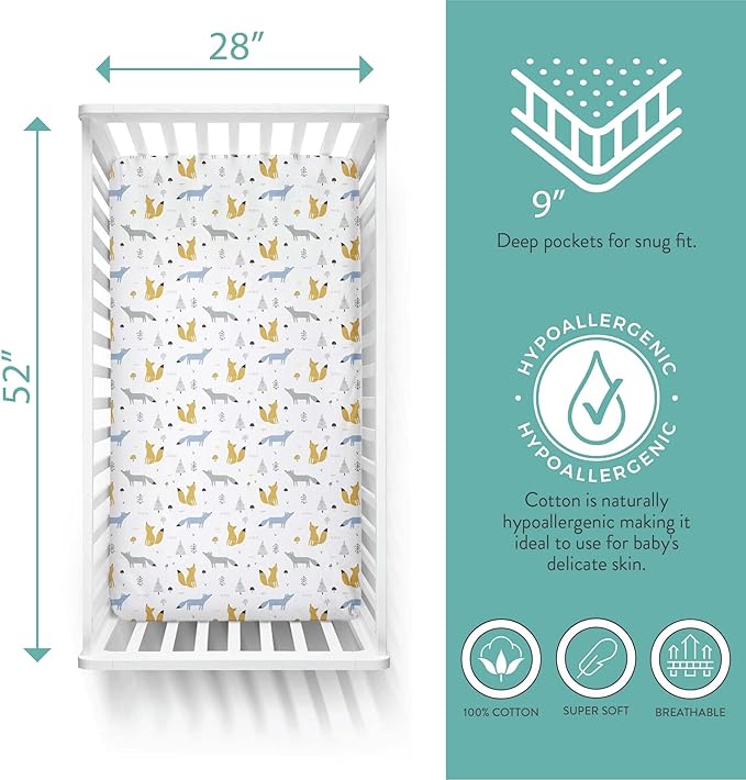 Featherhead™ 2-Pack Fitted Crib Sheets - 100% Cotton - 52" x 28" x 9" for Standard Crib and Toddler Mattress (Percale Blue Foxes)