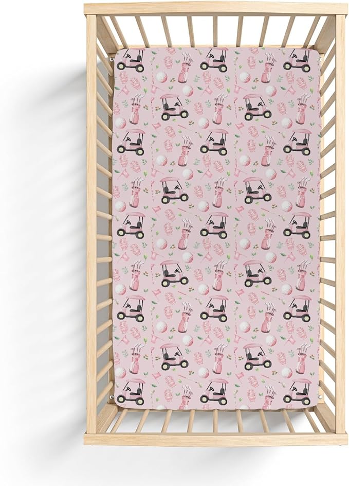 Golf Baby Crib Sheets for Boy Girl 28"x52" Sports Golfing Soft Stretchy Fitted Crib Mattress Cover Golf Lovers Gift Nursery Baby Sheet for Standard Crib and Toddler Bed Mattress Pink