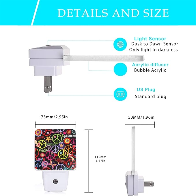 Hippie Peace Flowers Night Light,Hippies Plug-in Night Lights with Dusk-to-Dawn Sensor for Bedroom, Bathroom and Living Room 0.5W Sleep Friendly lamp for for Girlfriend/Boyfriend Gift