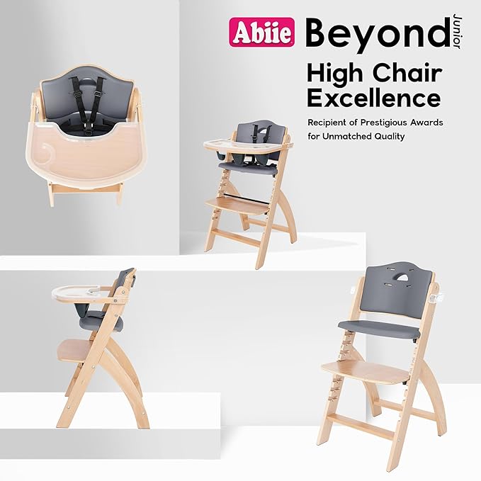 Abiie Beyond Junior Wooden High Chair with Tray - Adjustable and Convertible High Chair for Babies and Toddlers - 6 Months to 250 Lb - Water Resistant - Natural Wood with Dark Grey Cushion