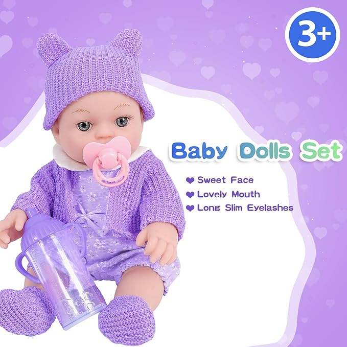 ZNTWEI 12 Inch Backpack Baby Doll Playset with Washable Dolls and Accessories Includes Backpack, Bottles, Nipple, Blankets, Hats, Clothes, Socks First Baby Dolls for Toddlers 3 Years and Up