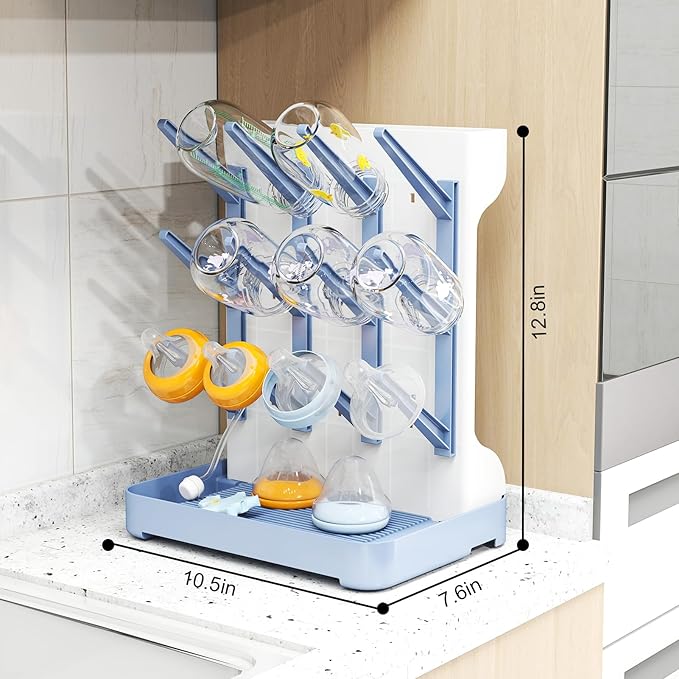 GoMaihe Baby Bottle Drying Rack: Space Saving Vertical Bottle Dryer Holder - Baby Accessories Storage Stand Organize Brushes Pacifiers on Countertop - BPA-Free - Blue