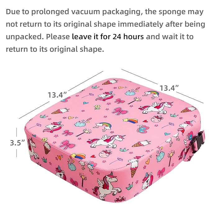 Toddler Booster Seat for Dining Table, Portable Kids Booster Seat with Safety Buckles Portable Increasing Booster Cushion with Non-Slip Bottom (Pink Unicorn)