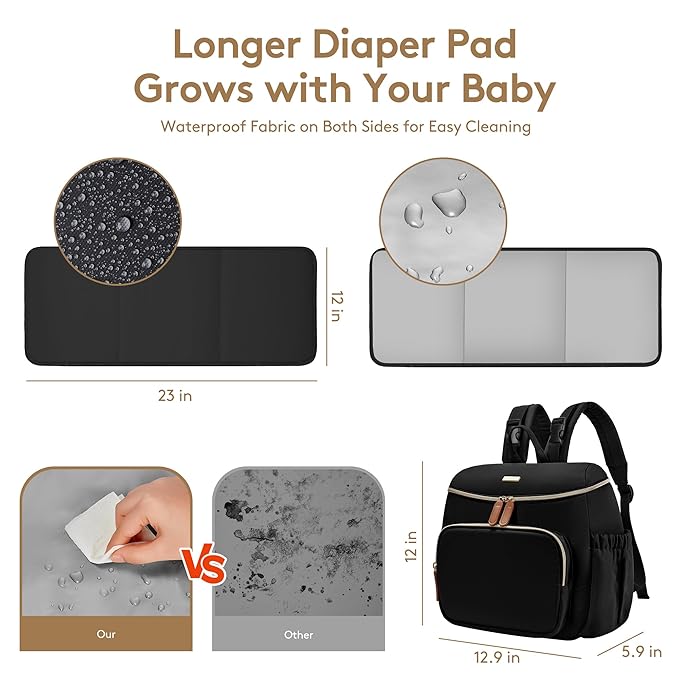 Compact Diaper Bag Backpack – Lightweight & Waterproof Baby Bag for Moms & Dads, Includes Changing Pad & Stroller Straps, Small Travel Diaper Backpack for Daily Use – Black