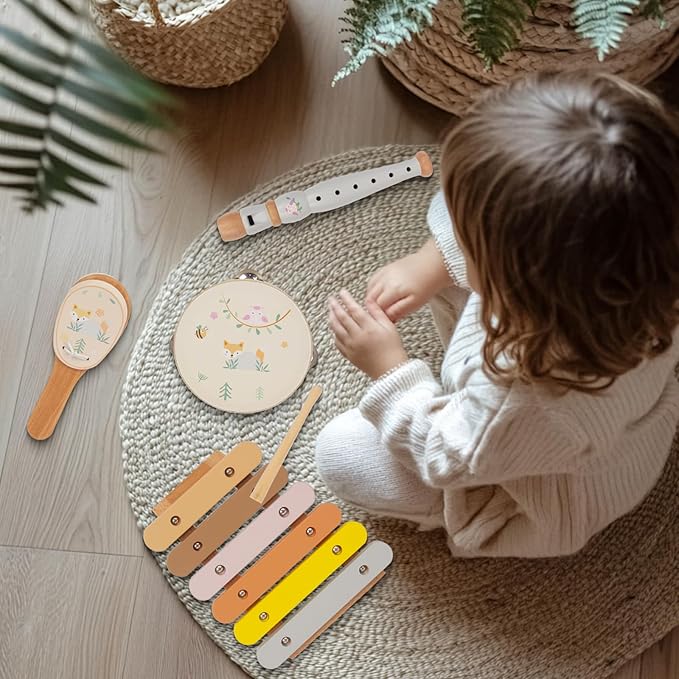 Wooden Musical Instruments Set for Toddlers 1-3, Natural Wood Percussion Instruments Xylophone Gift Set for Girls Boys Kids ,Preschool Educational Musical Toys