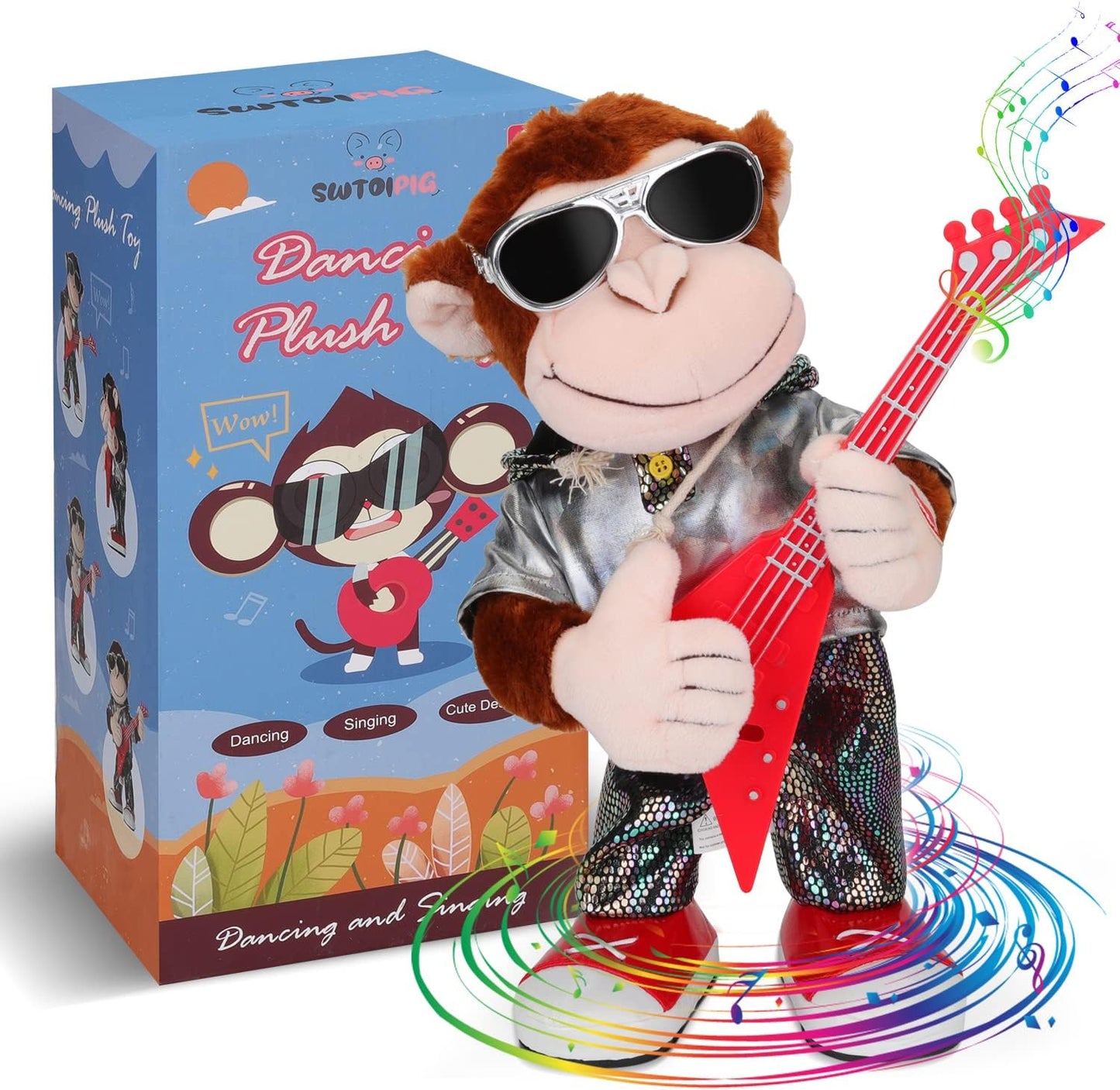 Dancing Monkey Plush Toy, Stuffed Toys, Dancing Singing, Body Shaking, and Guitar Shaking, Punk Molding, One Button Control, Children's Education Toys, Musical Intelligence Development