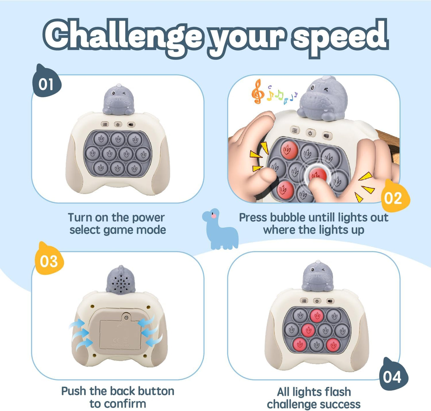 Fast Push Game,Light up pop Game Light up Fidget Toy,Fast Quick Push Bubble Game,pop pro Light up Game,Quick Push pop Game Birthday Xmas Gifts for Boys Girls Adults (T-Rex:Grey)